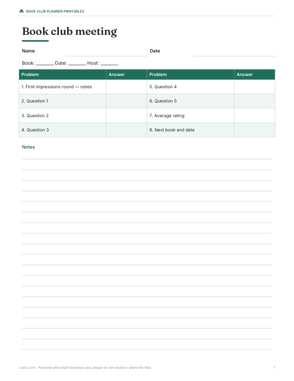 Preview of Printable Book Club Meeting Sheet