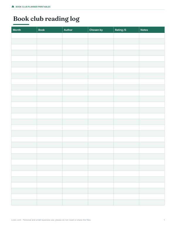 Preview of Printable Book Club Reading Log
