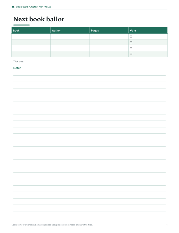 Preview of Printable Book Club Voting Ballot