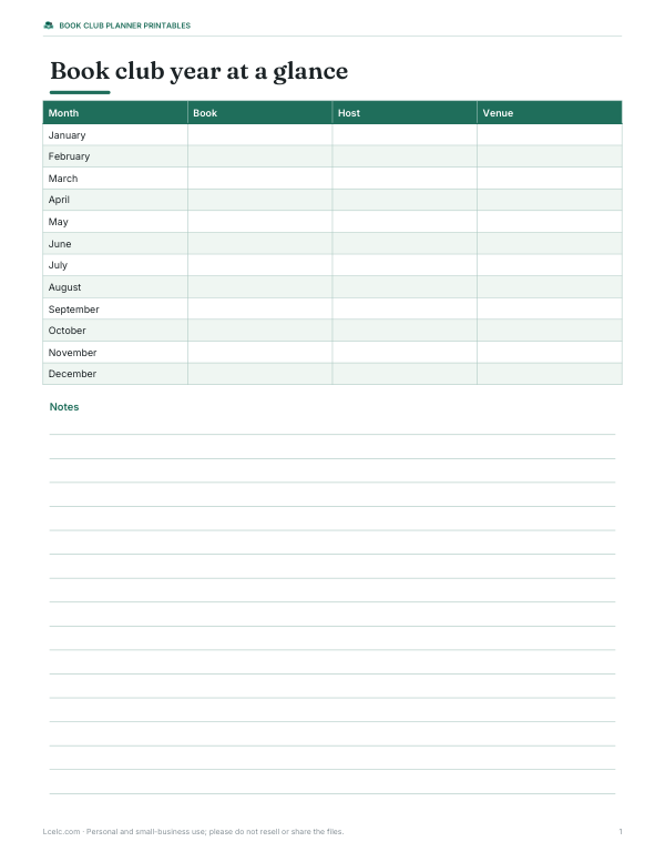 Preview of Printable Book Club Year Schedule
